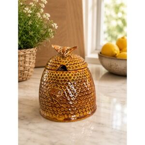 Cherokee Pottery Honey Pot Beehive Jar Bee Finial Brown Glazed Signed